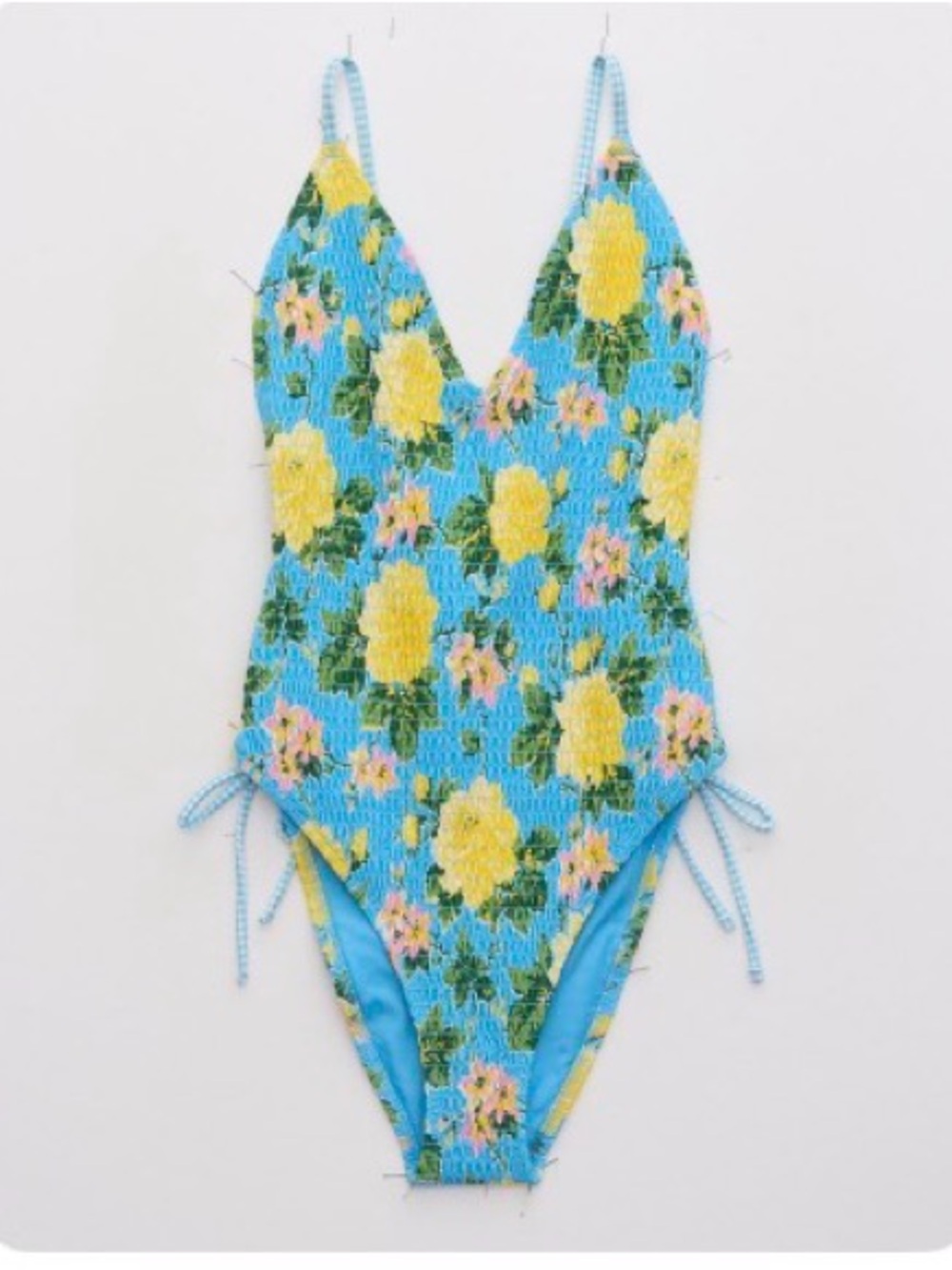 Aerie Smocked Plunge One PieceSwimsuit Horizon Blue with Yellow Roses.
